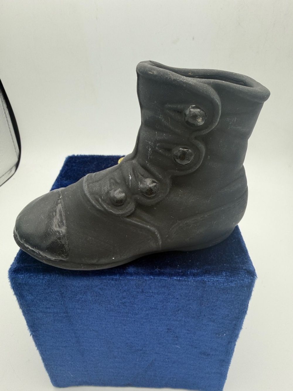 Ceramic Victorian style baby’s faux button up boot vase planter matte black